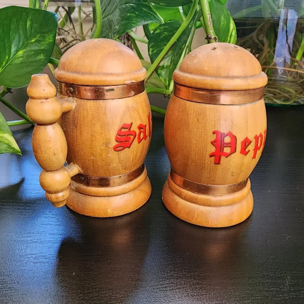 Vintage Beer Stein Mug Handled Copper Accent MCM Wood Salt and Pepper Shakers